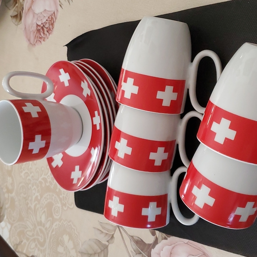 NEW  SET OF 6 PORCELAIN COFFEE CUPS AND SAUCERS WITH GEORGIA 🇬🇪 DESIGN